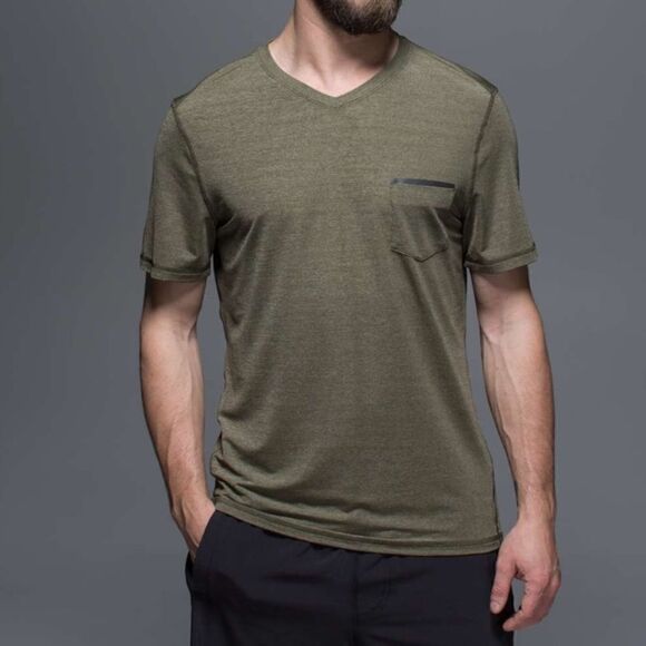 Lululemon Up Front Short Sleeve V-Neck Heathered Fatigue Green/Black Size Small - Picture 5 of 9